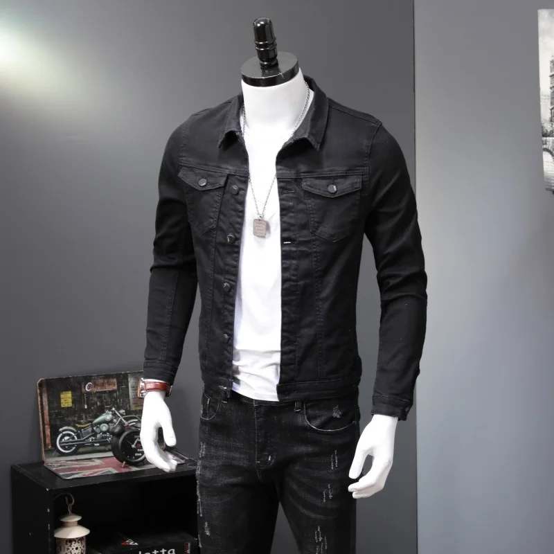 

Autumn Spring New Brand Mens Long Sleeve Lapel Black Denim Jackets Single Breasted Plus Size M-4XL Fashion Solid Casual Coats