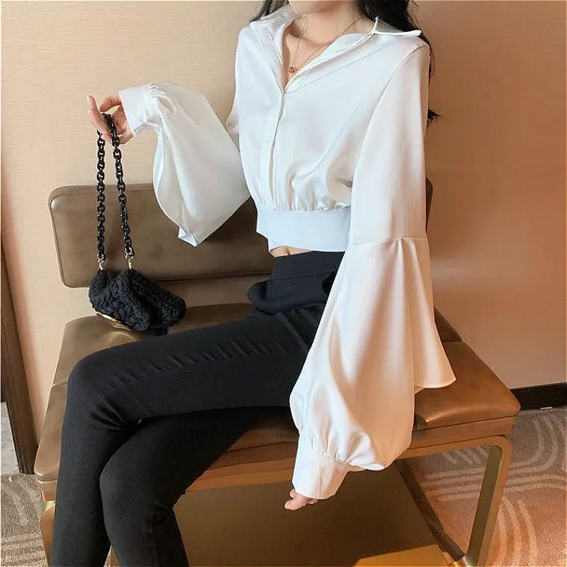 Blouses Women Pure Fashion Ins Casual Design Summer Soft Solid Daily V-Neck Flare Sleeve Cropped 2021 Newest Clothes Aesthetic