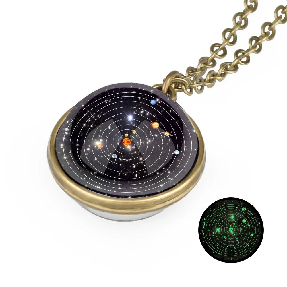 Luminous Solar System Necklace Nebula Galaxy Planet Universe Double Sided Glass Ball Necklaces