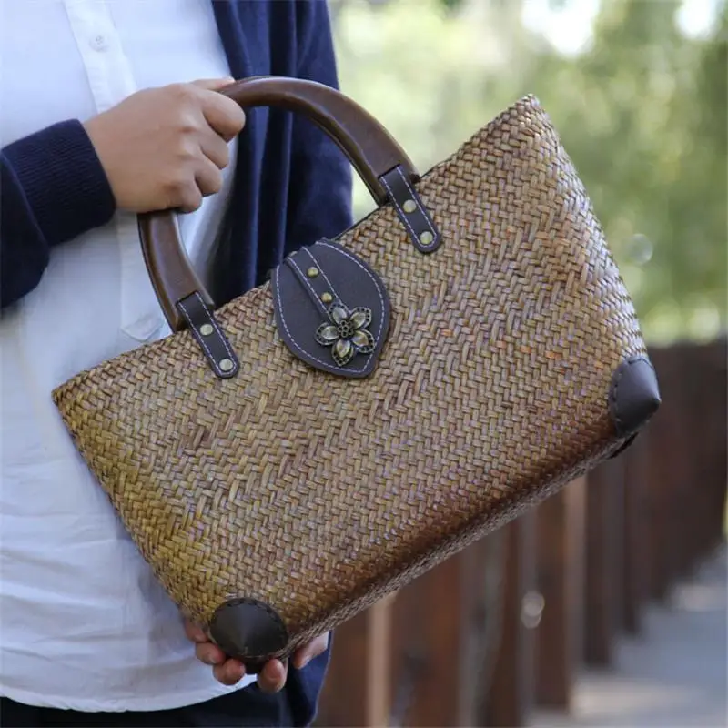 36x20CM Straw Bag Original Retro Hand-woven Women Handbag Hand-held Literary Retro Handbag a6102