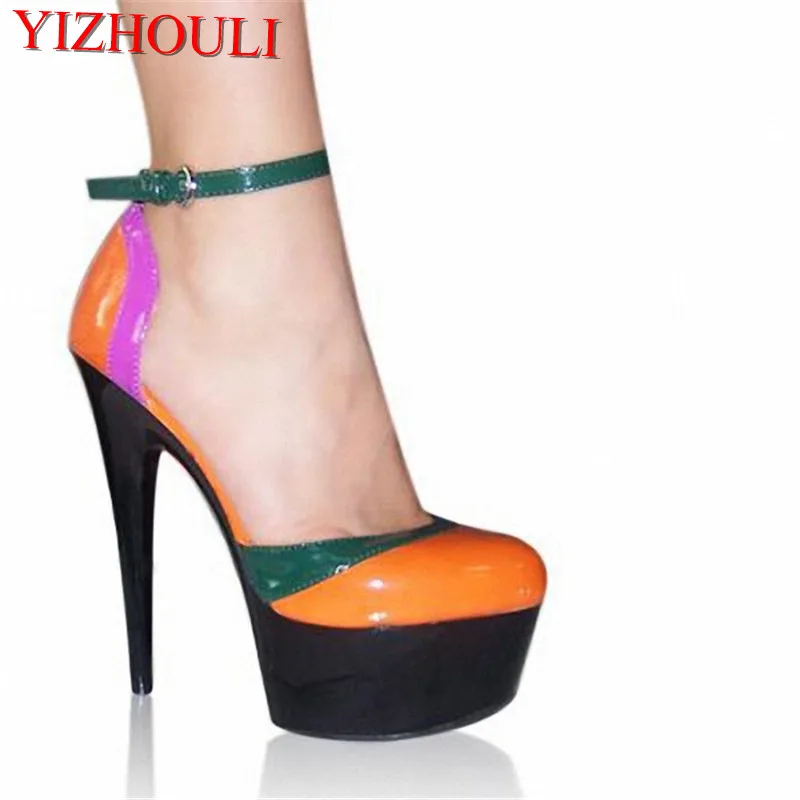 Hand Made Color Block 6 Inch High Heel Shoes 15cm Lady Party Heels Strappy Exotic Shoes Multi Colored Sexy Clubbing High Heels