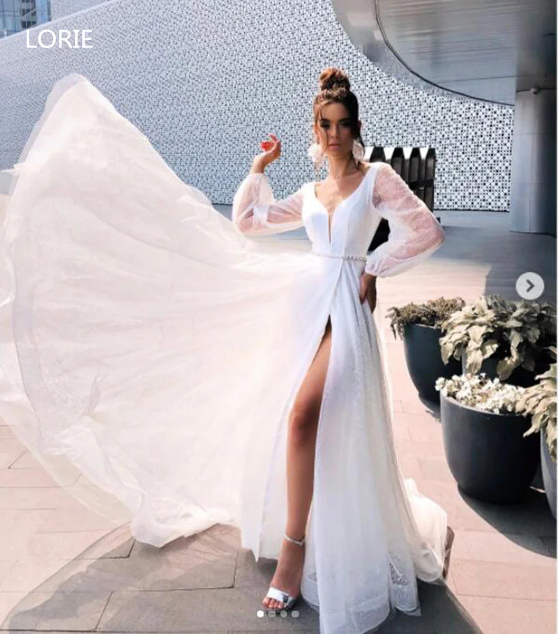 LORIE-vestido de novia de corte en A para playa, manga abombada, tul brillante, bohemio, abertura lateral, vestidos de novia de princesa de talla grande