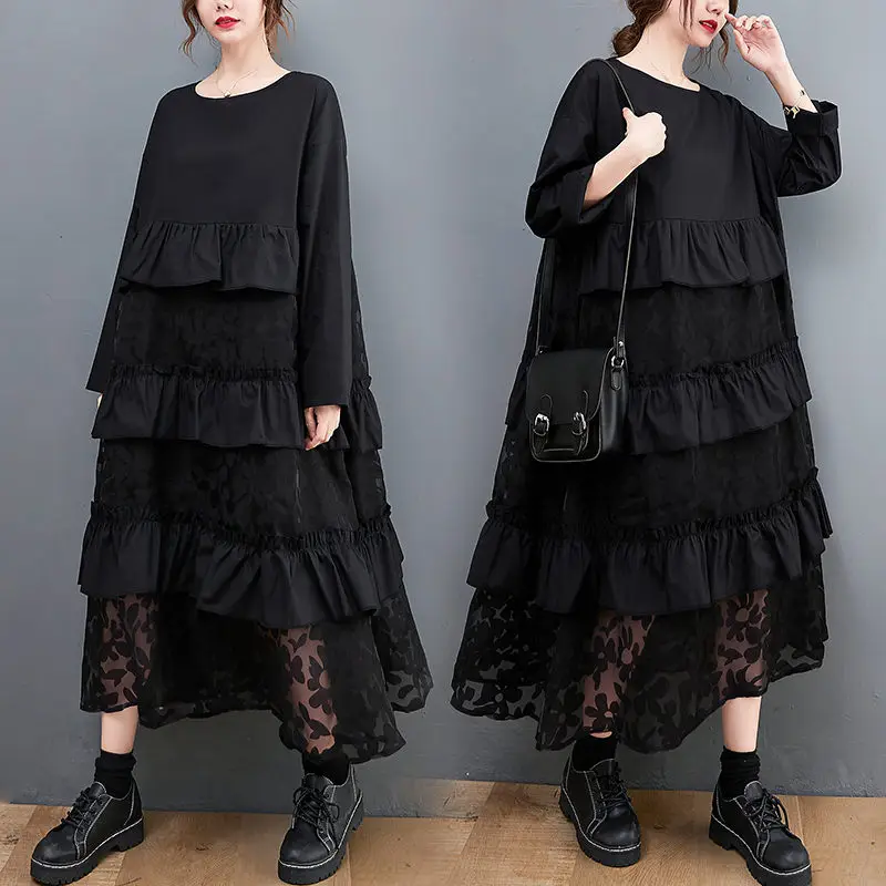 Large Fall Clothes For Women Loose Long Dress Mesh Splicing Temperament Cake Dress Casual Black Full Sleeve Robes M774