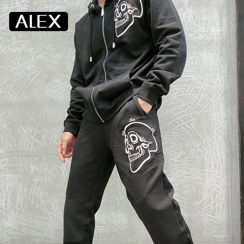 Alex Plein Hoodies Man 100% Cotton Outline Skull Embroidery Fleece Zip-up Streetwear Menashion Aesthetic Couple Sportswear New