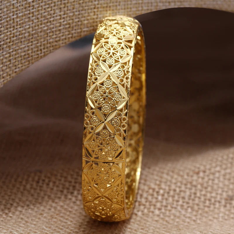 Dubai Gold Color Big Flowers Bangles Set for Women Copper Alloy Ethiopian Arabic Indian Style Wedding Jewelry Gift
