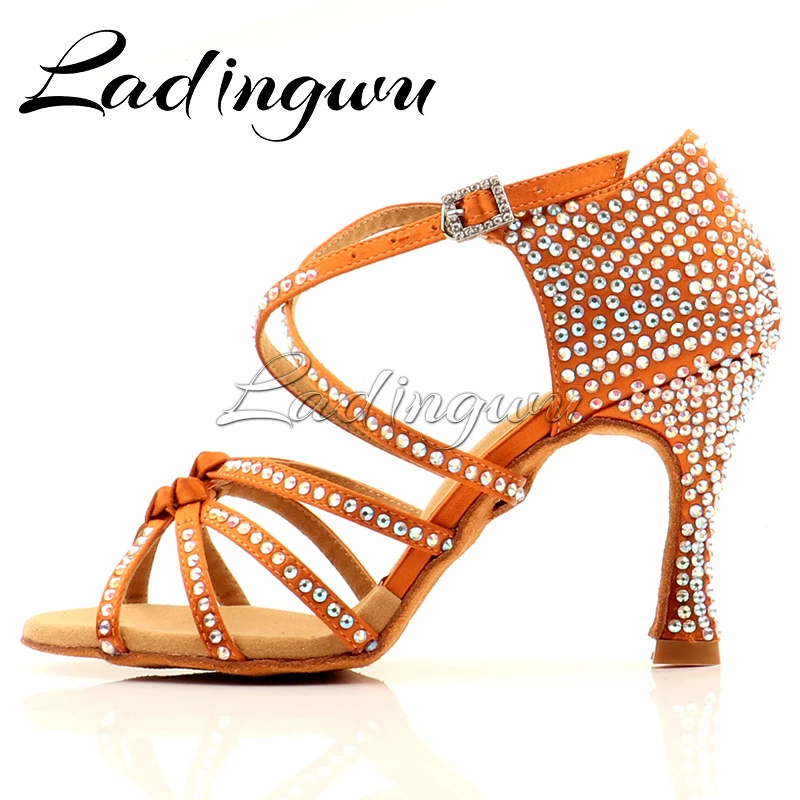 Ladingwu Bronze Silk Satin Latin Dance Shoes Olassic Four-band Knot Rhinestone Salsa Dance Shoes Ballroom Tango Dance Shoes