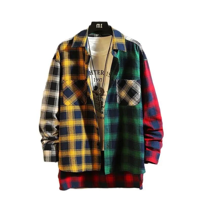 Extend Back Shirt Men Plaid Long Sleeve Hiphop Patchwork Casual Shirts Hip Hop Cotton Clothing 2023 Fashion Streetwear Autumn