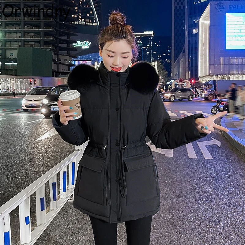 Orwindny, chaqueta de invierno para mujer, Parkas de piel grande con capucha sólida para estudiantes, abrigo cálido ajustado a la moda con cordón,