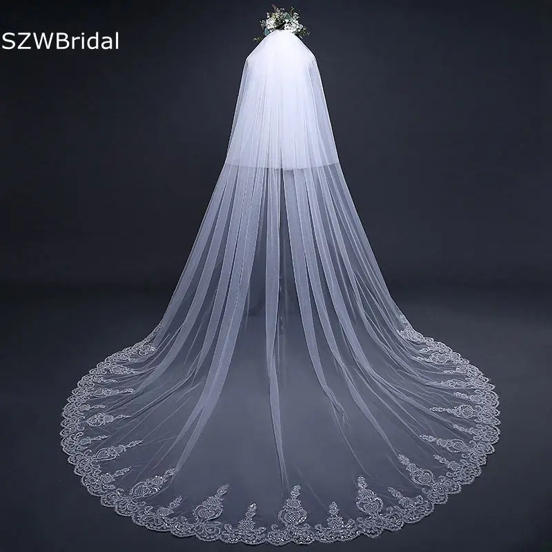 New Arrival White Ivory Wedding veils Lace Applique Cathedral Bridal veil with Comb Two Layer Veu de noiva longo Schleier