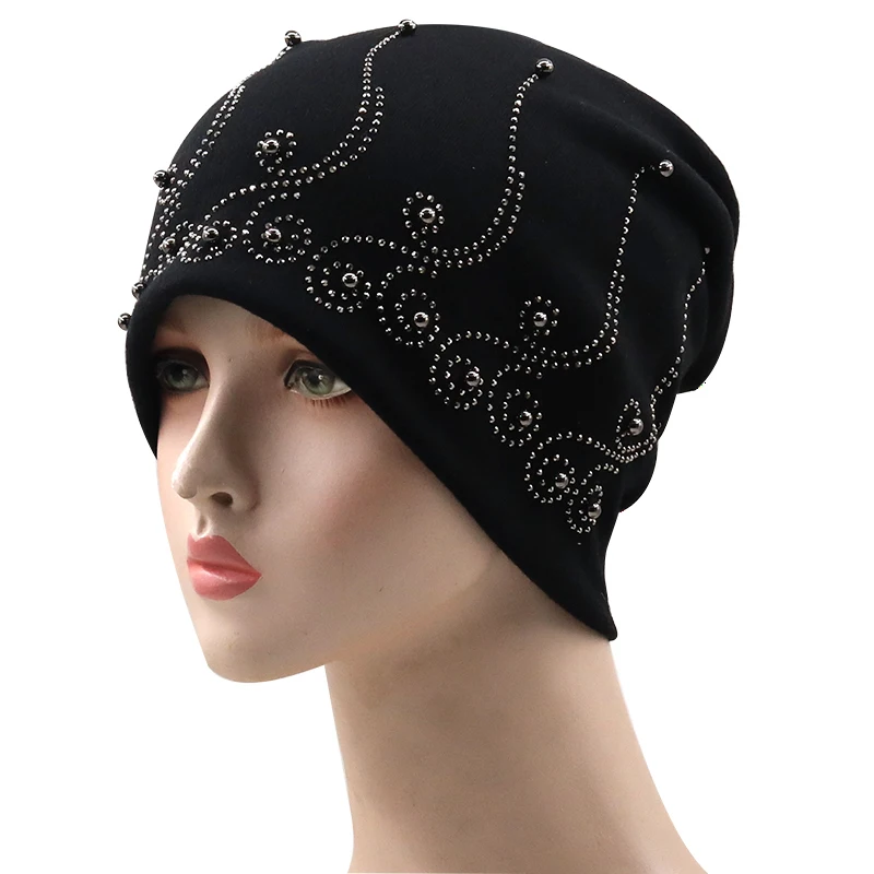 Brand Women\'s Beanie Hat Casual Polyester Shine Pearls&Rhinestones Beanies For Women Skull Beanie Hats Bonnet For Female