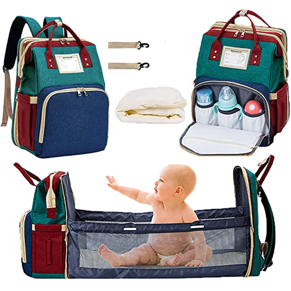 

3 in 1 Nappy Diaper Bag with Extendable Folding Crib, Large Capacity Travel Baby Bed Bags for Mom Outing/Shopping, Portable Bag