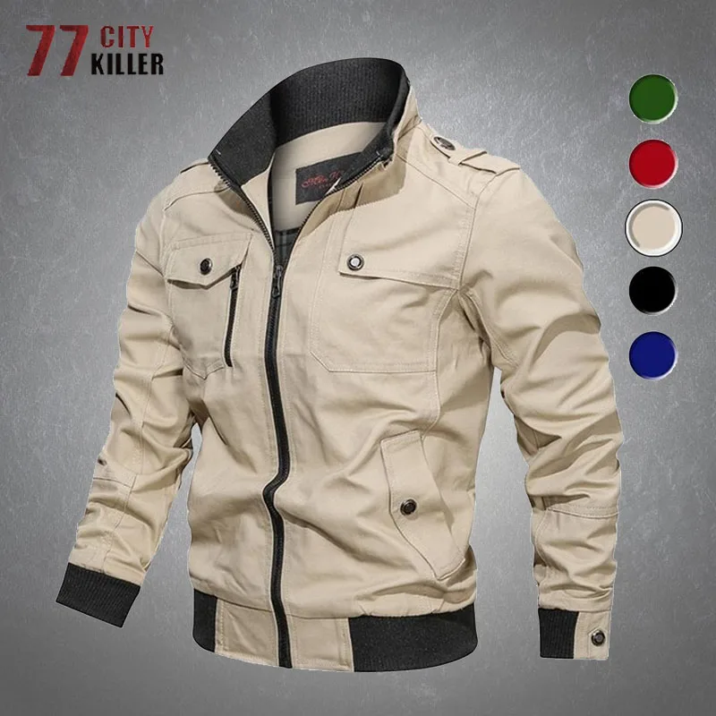 Cargo Jacket Men Casual Multi-Pockets Solid Color Zippers Jackets Male Outdoor Commute Wear-resistant Cotton Clothes Mens Coats