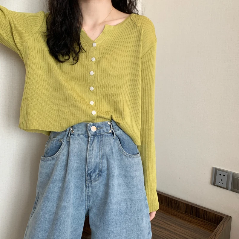 Slim Single Breasted Cardigans Women Tender Girls Long Sleeve Sunscreen Korean Style Knitted Cropped Sweaters Leisure Elasticity