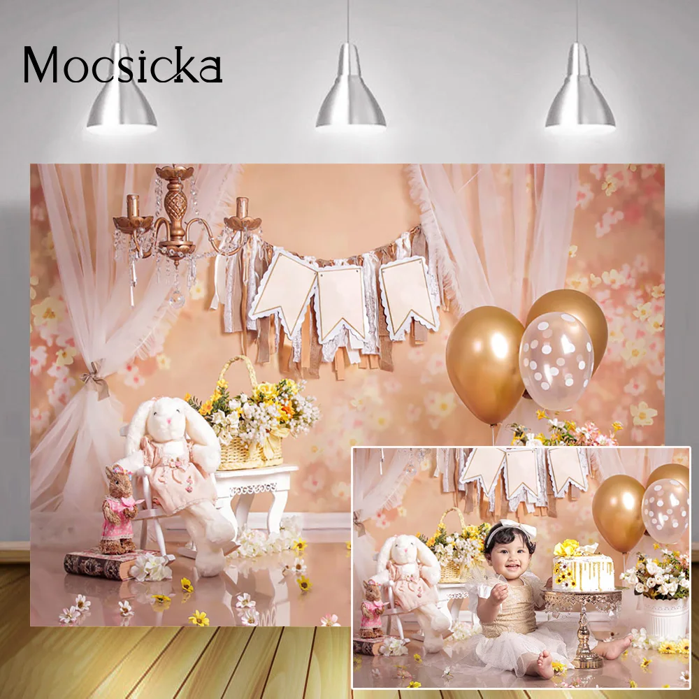 

Spring Newborn Floral Children Portrait Backdrop Photography Balloons Flowers Bunny Birthday Cake Smash Background Studio Props