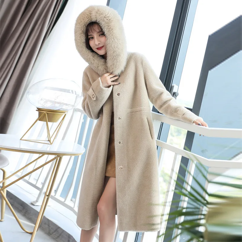 

New Women's Winter Wool Coat Female Rea Fox Fur Coats Long Hoody Parka Women Windbreaker casaco feminino LX2398