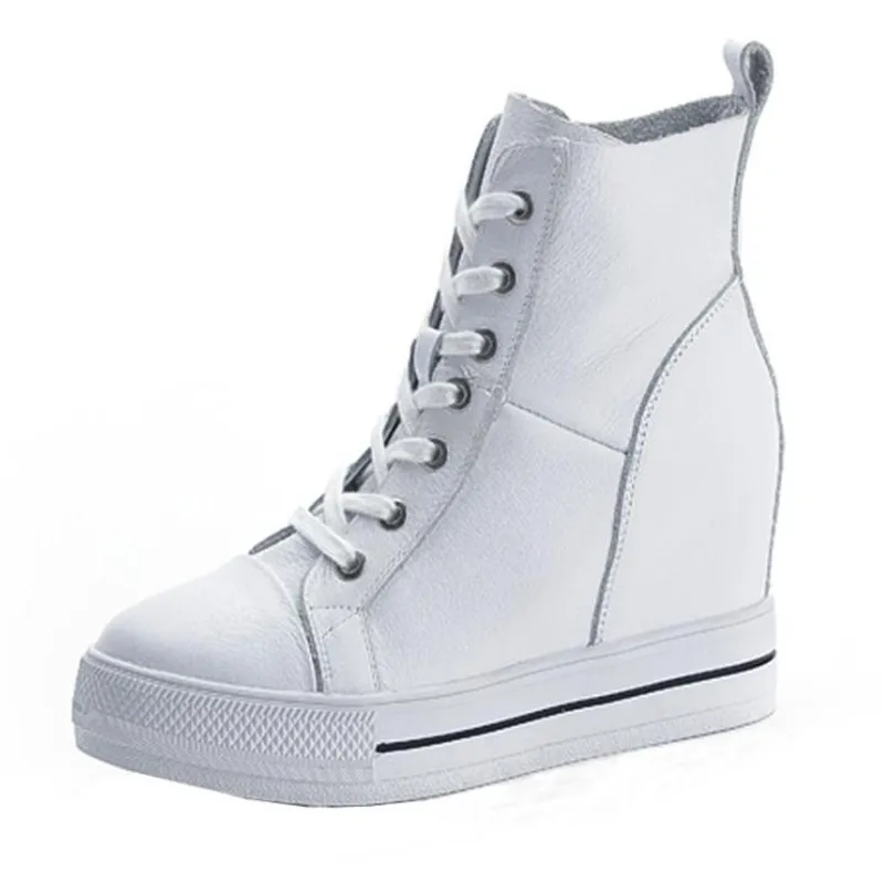 Autumn Winter Lace-up  zipper High-top Genuine Leather Shoes Women Sneakers Shoes High Heels Increase Within Wedges Casual Shoes