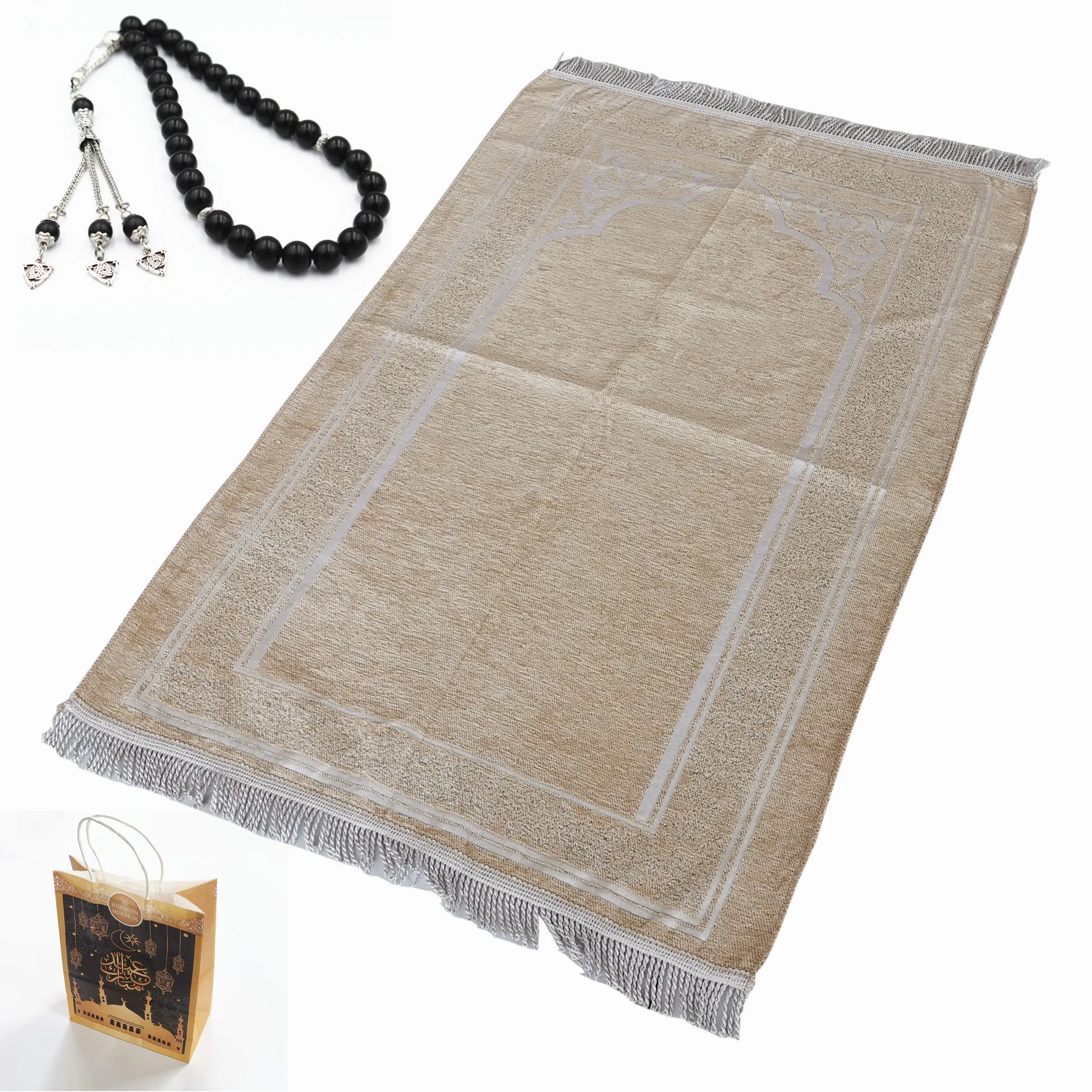 Muslim Prayer Rug Crystal Islamic Beads Set with Paper Bag Perfect Ramadan Eid Gifts