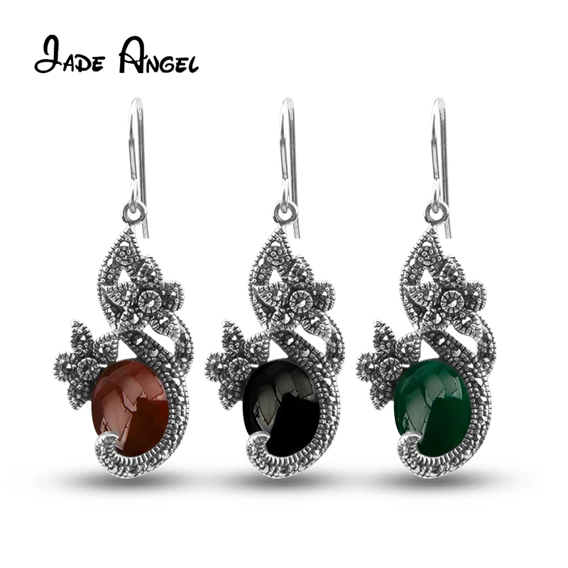 

JADE ANGEL 925 Sterling Silver Earring Jewelry Black Red Green Chalcedony With Silver Flowers Shape Mosaic Earrings for Women