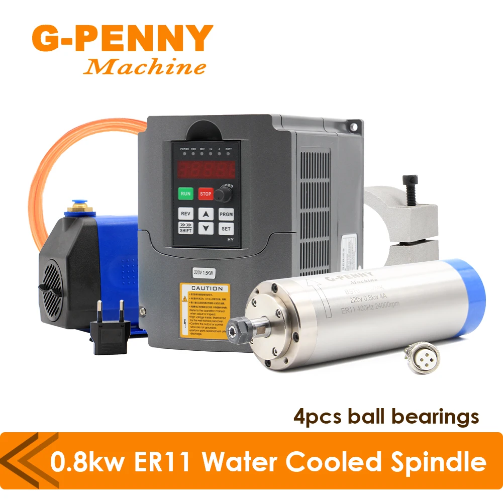 G-Penny 0.8KW Water Cooled Spindle Motor kit 4 Bearings 65mm & 1.5KW Inverter/VFD &75w Water Pump Collet