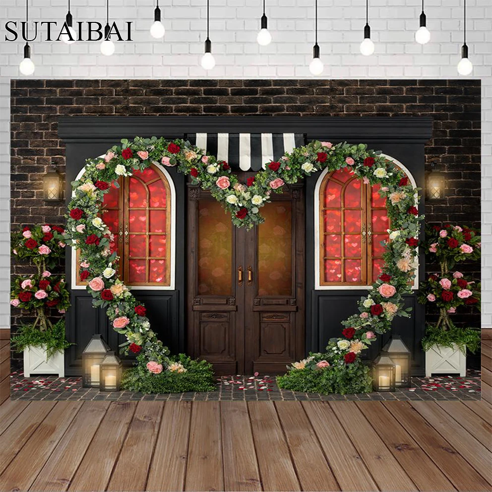 

Valentine's Day Flower Shop Photography Background Brick Wallpapers for Photography Lovers Portrait Photozone Photo Booth Props