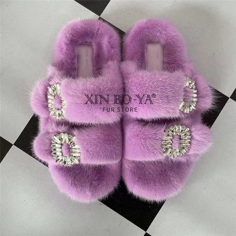 Winter Fur Slippers Women 2024 Flat Real Fur Mink Slippers Warm Soft Indoor Women Fur Slippers Luxury Designer Female Shoes