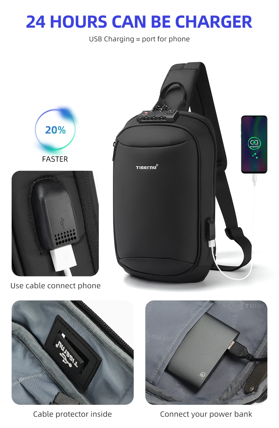 Tigernu Mode Männer Hohe Qualität Umhängetasche Spritzwassergeschützte Brust Tasche Anti-diebstahl USB Lade Casual Brust Tasche Männlichen Tasche – Detail 4
