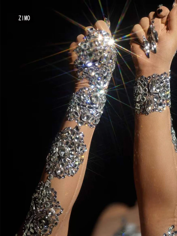 Luxury big Crystal Rhinestones Bridal long Sleeve Gloves Nightclub birthday party Wedding Prom Jewelry Accessories Dancer Stage