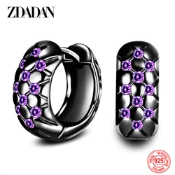 ZDADAN 925 Sterling Silver Amethyst Black Hoop Earrings For Women Fashion Wedding Engagement Party Jewelry Gifts