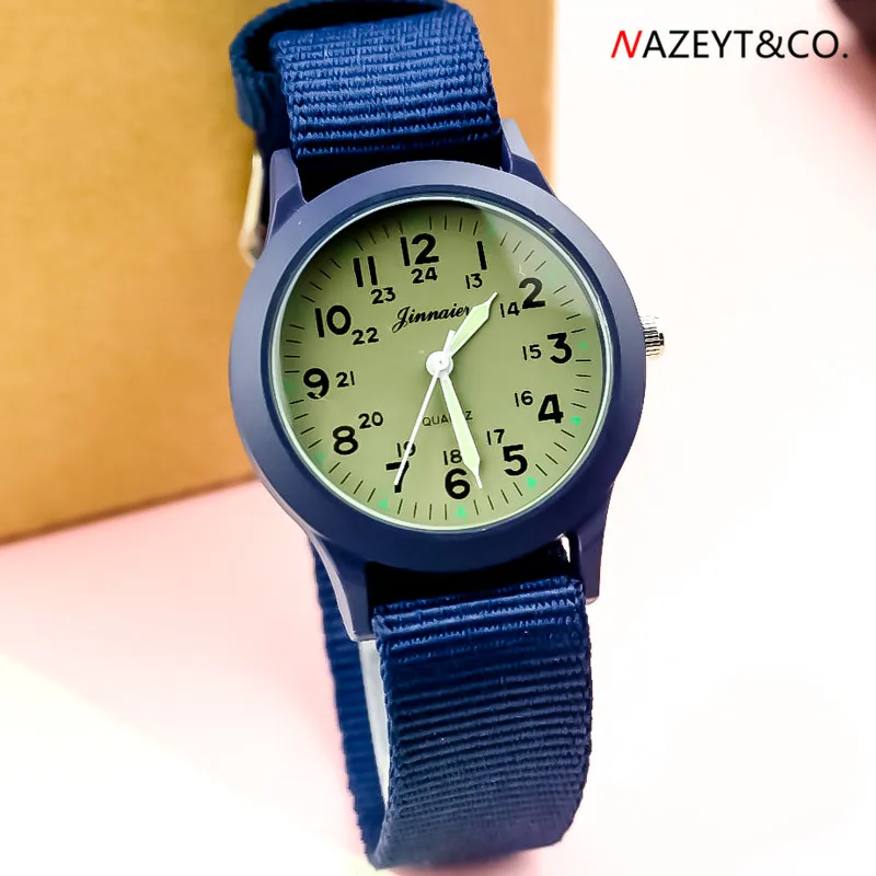 New fashion man quartz wristwatch middle student luminous hands army watch children boys girls blue alloy dial nylon sport clock