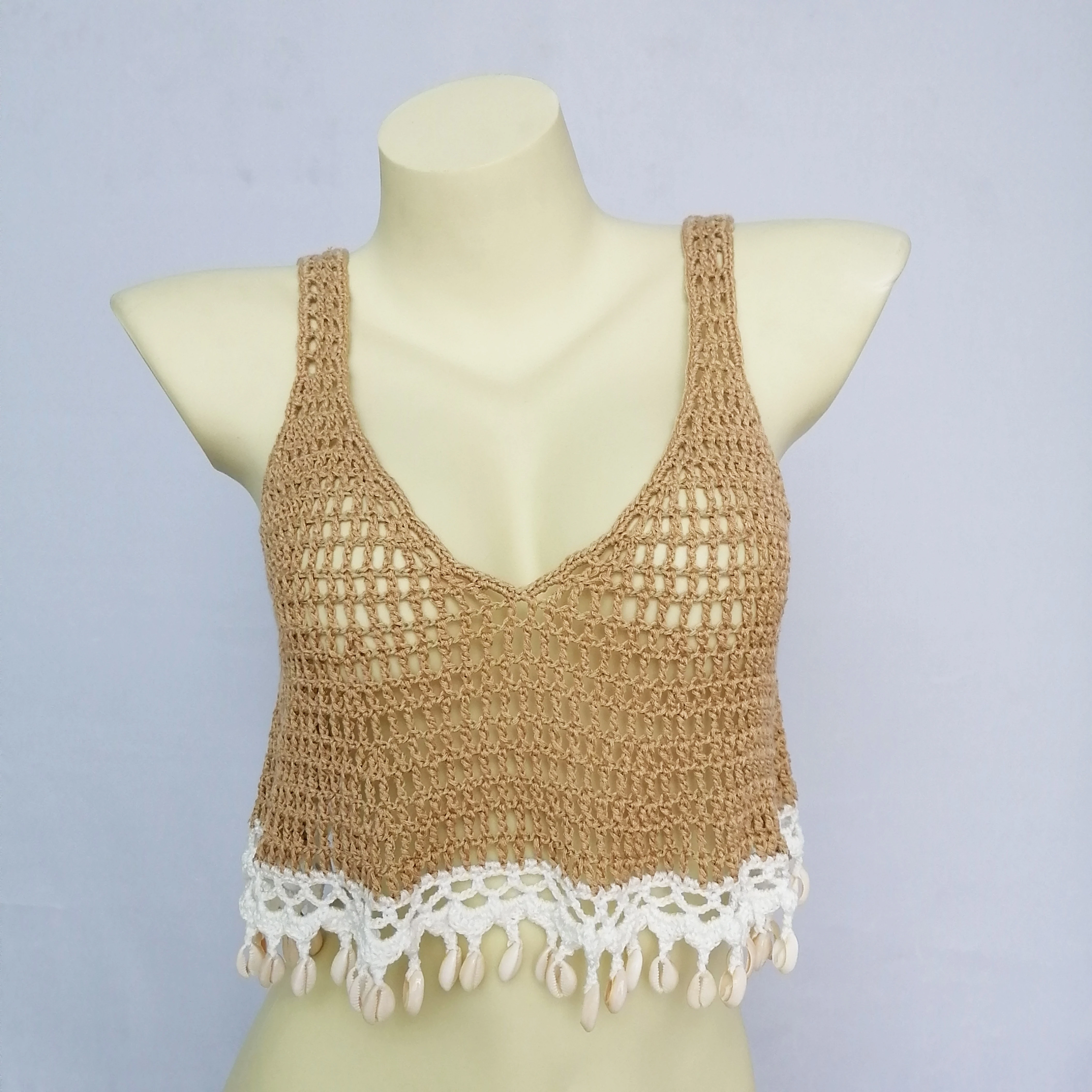 Crochet Mesh Bikini Cover Up 2020 Baru Musim Panas Wanita Seksi Hollow Out Tali Beach TOP Baju Renang Deep V Leher Rajutan mandi Memakai