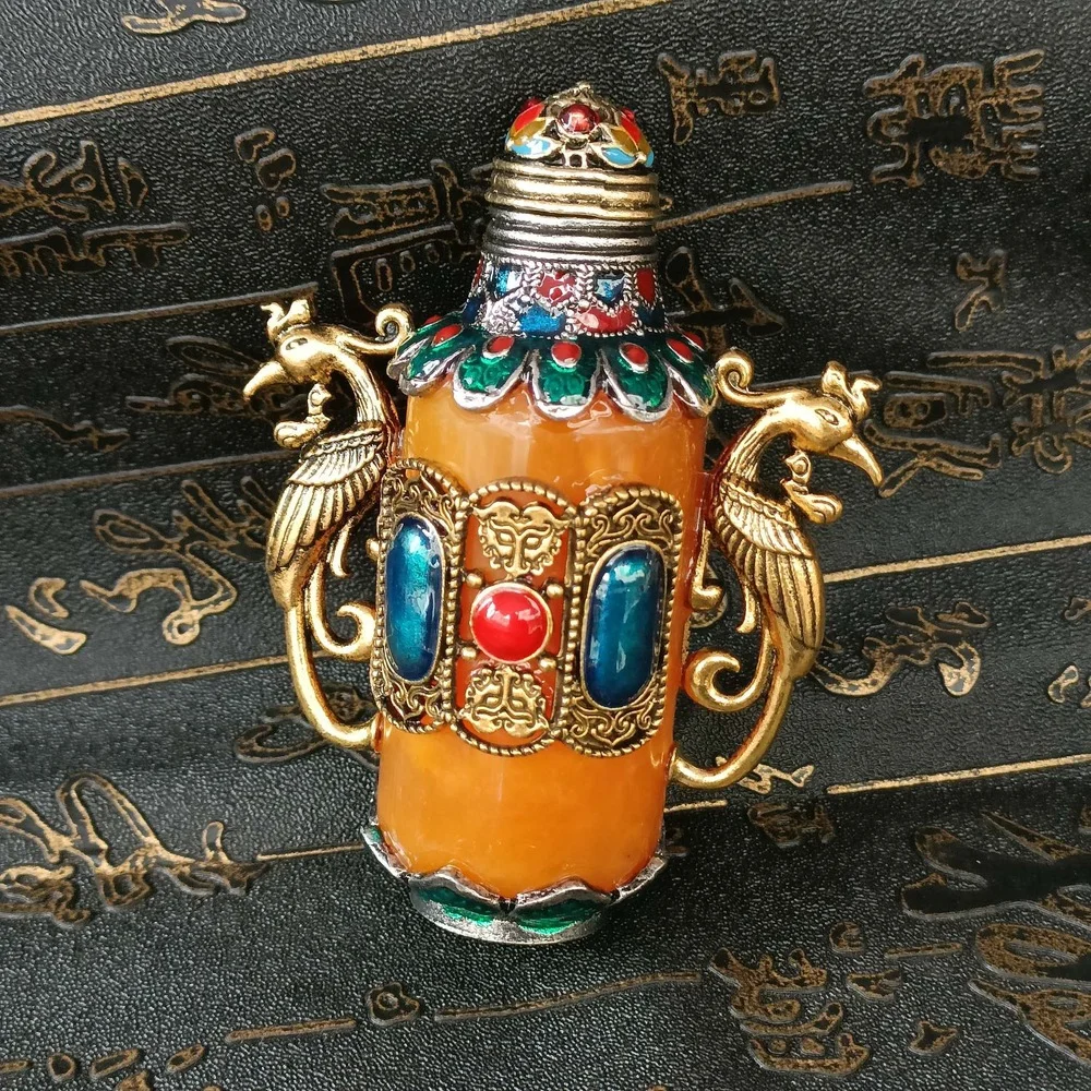 An Exquisite Chinese Handmade Double Phoenix Inlaid Copper Snuff Bottle