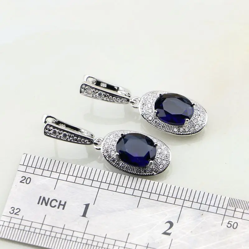 Oval Blue Cubic Zirconia White Crystal 925 Sterling Silver Bridal Jewelry Sets For Women Wedding Earrings/Pendant/Necklace/Ring