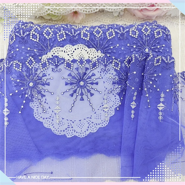 2Yards 21cm wide Blue Polyester Soft Mesh Embroidery Lace Trimmings Dress Accessories Lace Fabric Sewing Crafts Doll Material