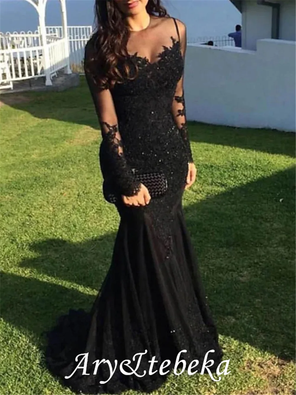 Robe de Soirée de Forme Sirène/Trompent en Dentelle, Tenue de Fiançailles, Sexy, à Manches sulf, Traîne en Balayage/Brosse, avec Appliques, Rotterdam Kle