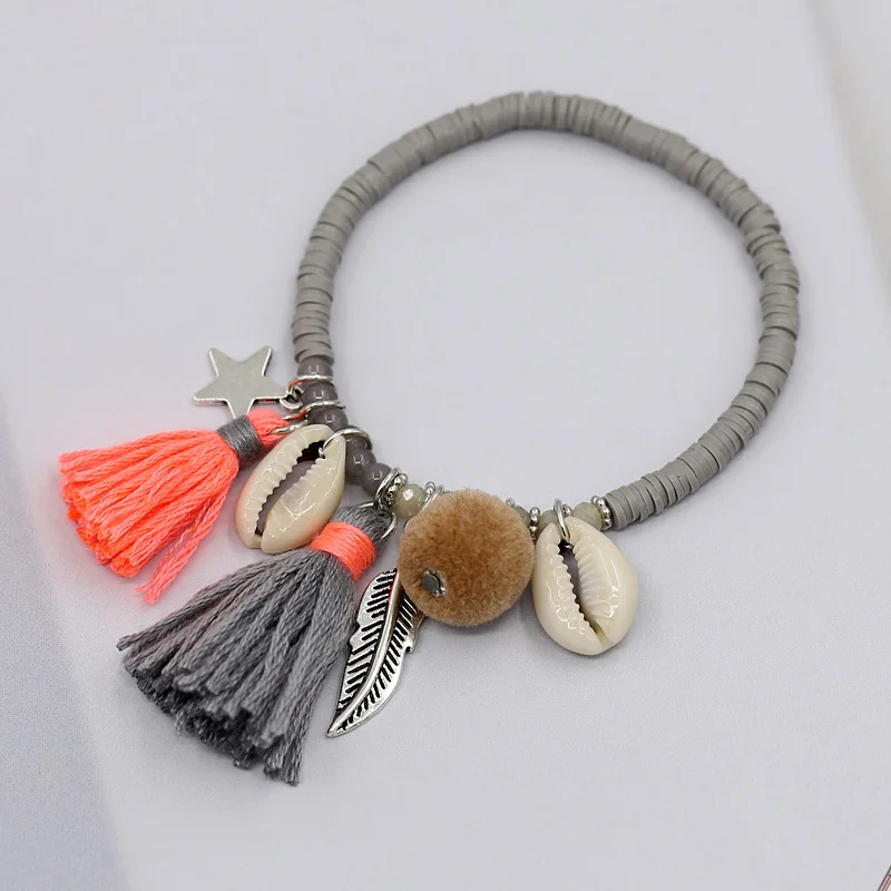 Boho Bracelet Women\'s Fashion Handmade Jewelry Colorful Clay Beads Tassel Shell Bracelets Female Girls Gifts