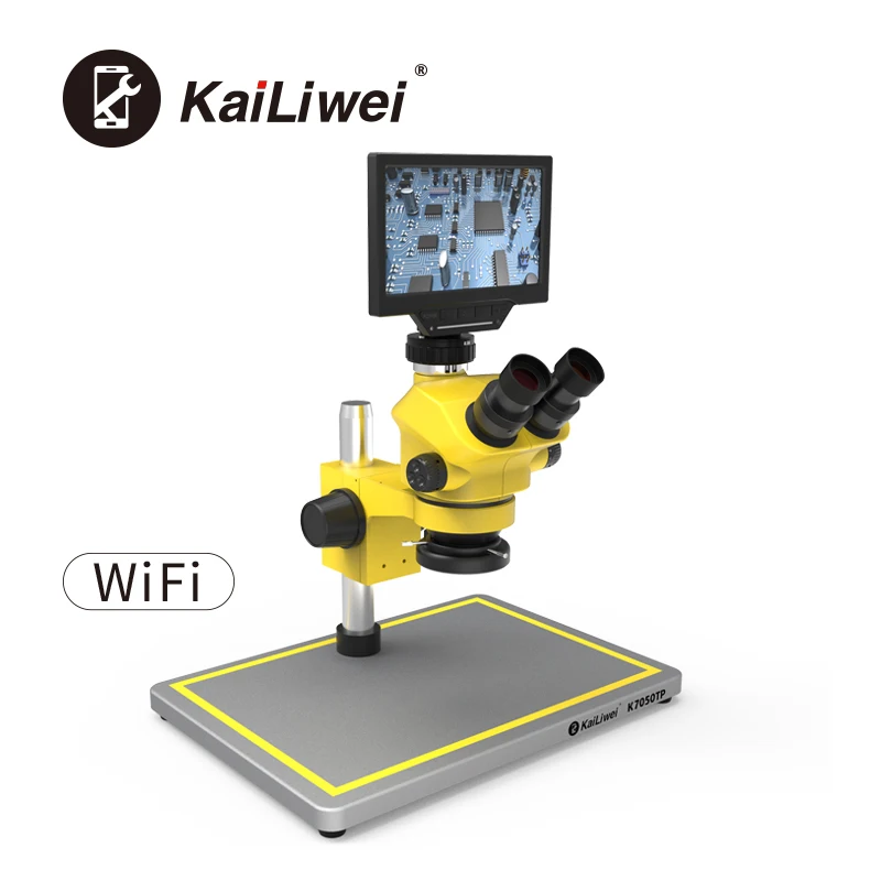 Kailiwei Mobile Phone Repairing Trinocular 7-50x 0.5xctv Stereo Microscope with 7inch Monitor Wifi Function