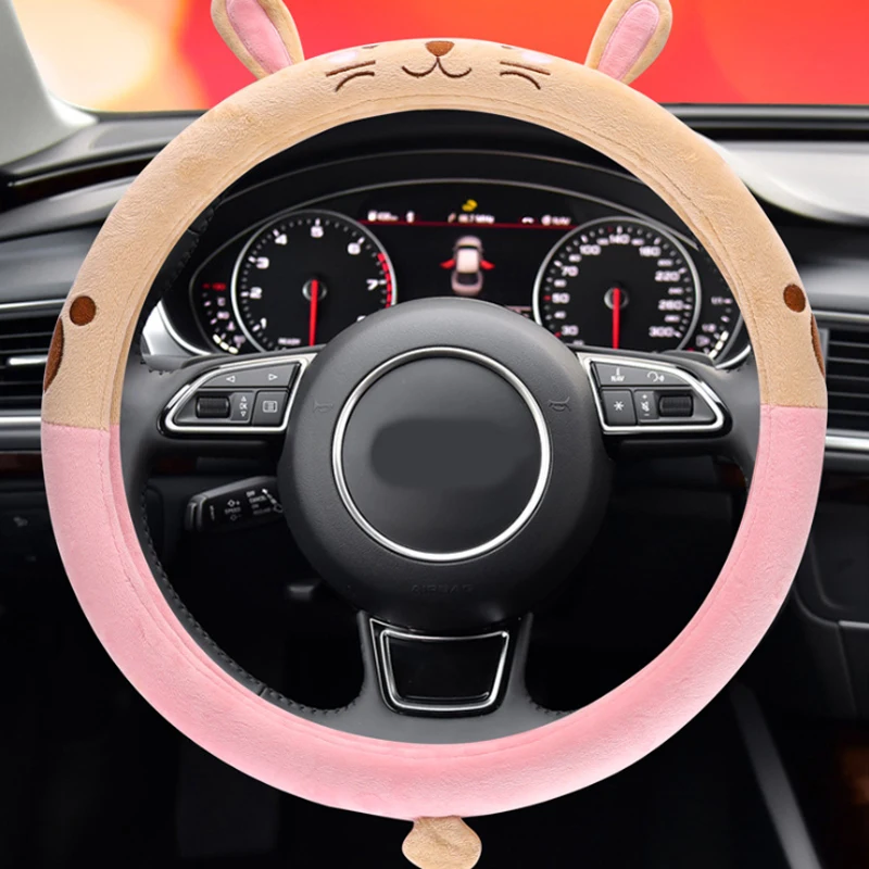 LUNASBORE Car Steering Wheel Cover Plush Rubber Material Suitable 37-38cm Auto Pink Cute Animal  Women