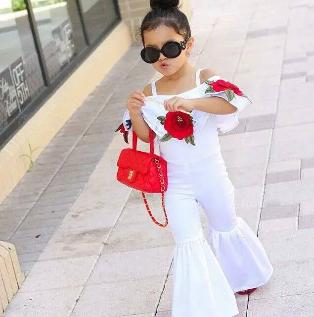 Fashion Rose Embroidery Romper Kids Baby Girls Off shoulder Flower Romper Jumpsuits Trousers Outfits Clothes