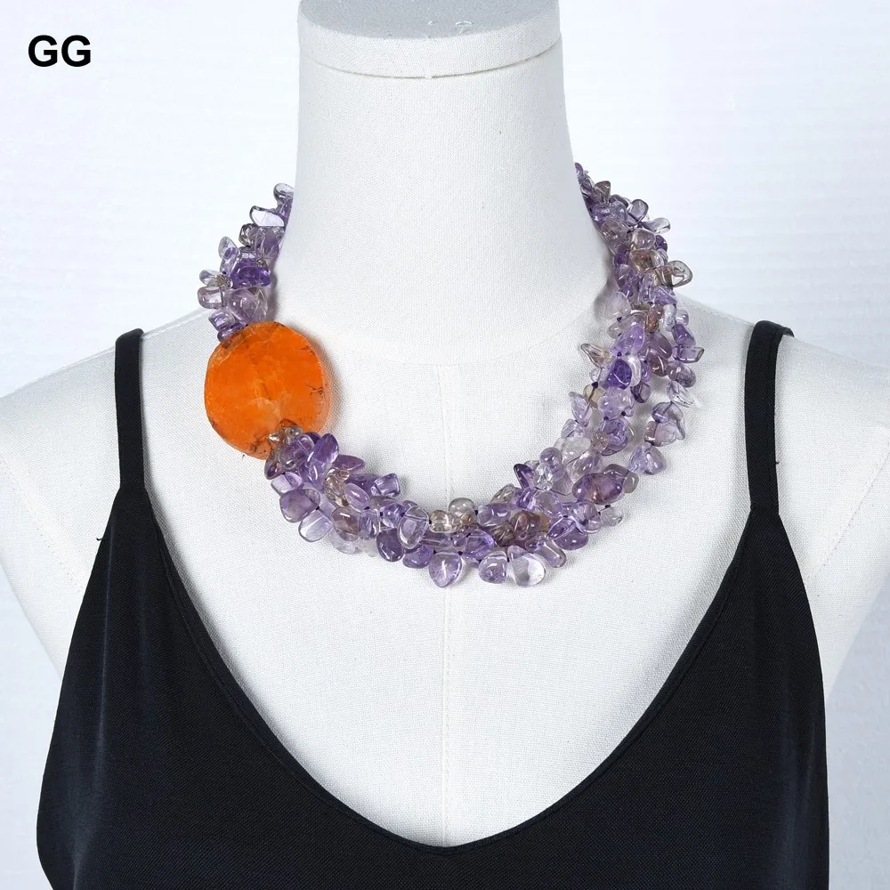 GG 20\'\' 4 Rows Beautiful Natural Purple Amethyst Nugget Beads Orange Agate Chunk Necklace For Women