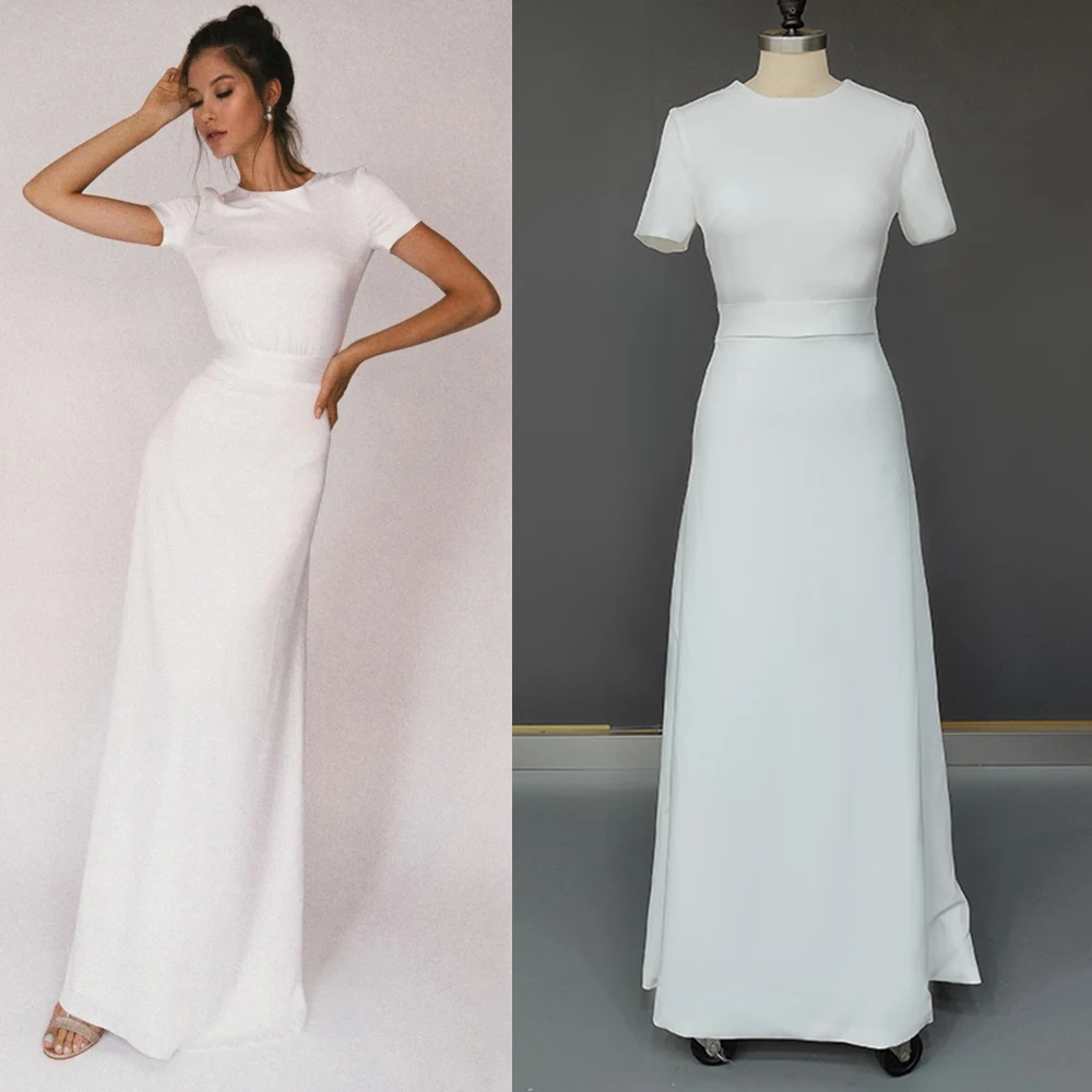 Rundhals Satin Minimalistischen Hochzeit Kleid Mantel Schmeichelhaft Keyhole Zurück Kurzen Ärmeln Nach Maß Plus Größe Einfache Brautkleid