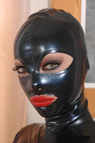 Black Full Face Natural Latex Hood Open Eye Mouth for Women Sexy Handmade