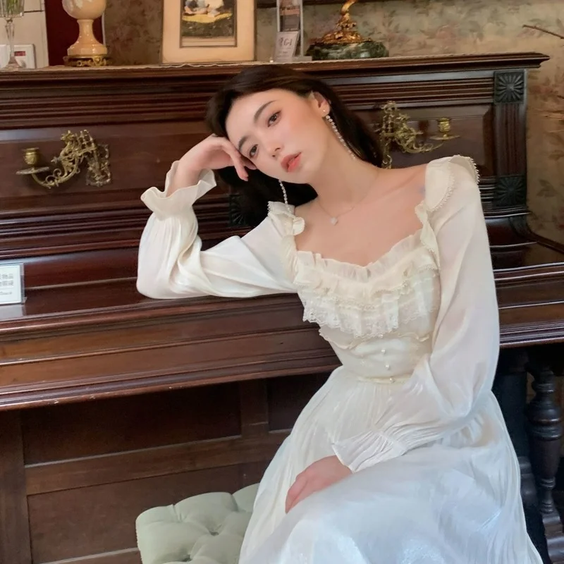 Lace Vintage Fairy Dress Women Patchwork Ruffle Long Sleeve Sweet Princess Dress Elegant Korean Party Dresses for Women 2021 Y2k