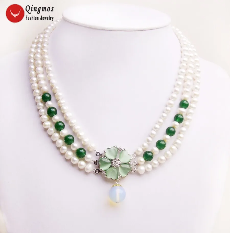 Qingmos 6-7mm Round Natural FW White Pearl Necklace for Women with 12mm Opal Pendant Necklace Green Beads 3 Strands 18