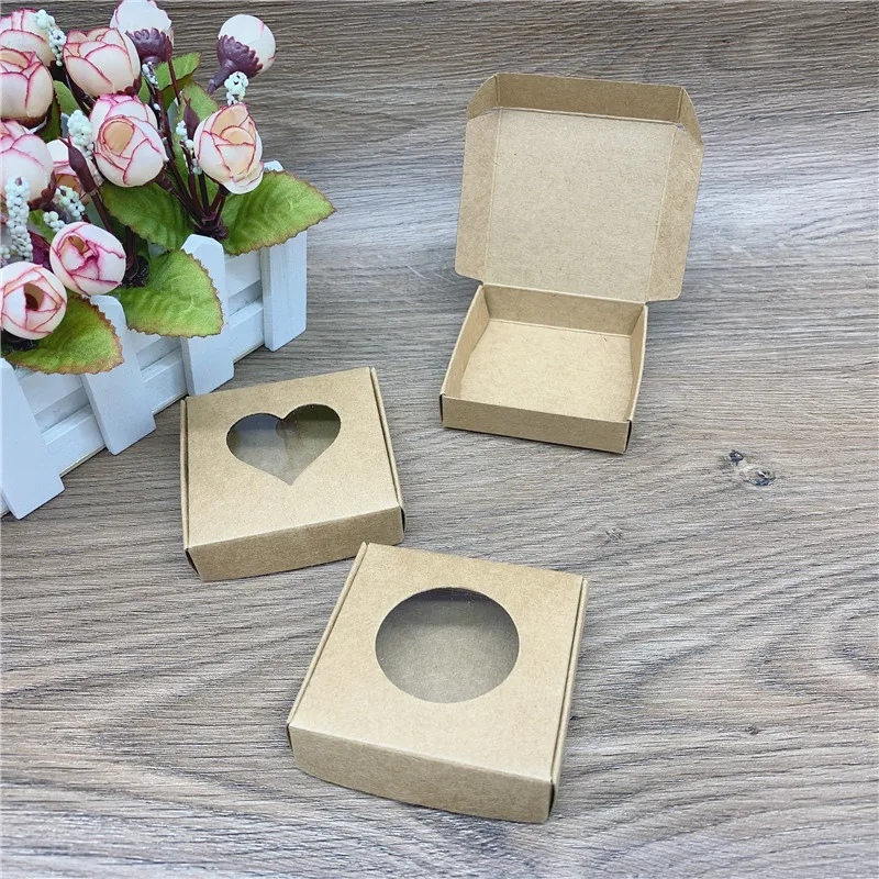 

50Pcs 4 Size Kraft Paper Handmade Packing MINI Boxes Brown Gift Boxes With PVC Windows Display Supplies