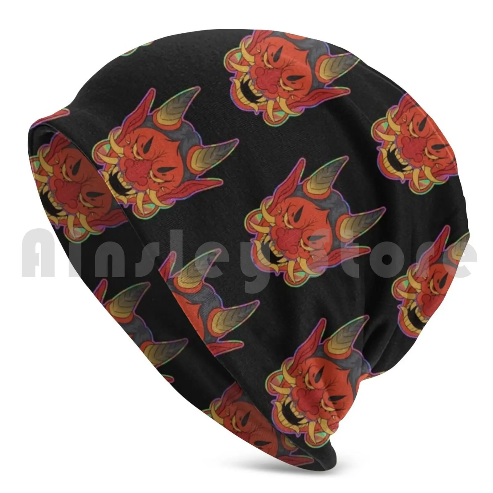 Oni Beanies Knit Hat Hip Hop Oni Oni Demon Hannya Japanese Teeth Devil Cartoon Edgy