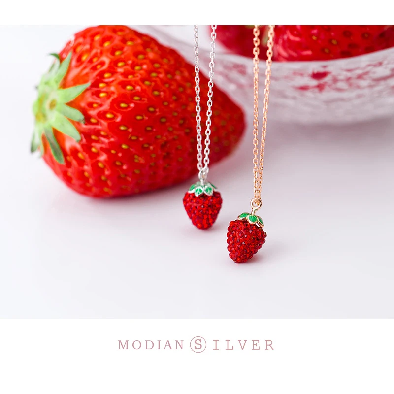 Modian Genuine 925 Sterling Silver Fashion 3D Strawberry Pendant Necklace for Women Crystal Chain Link Necklaces Fine Jewelry