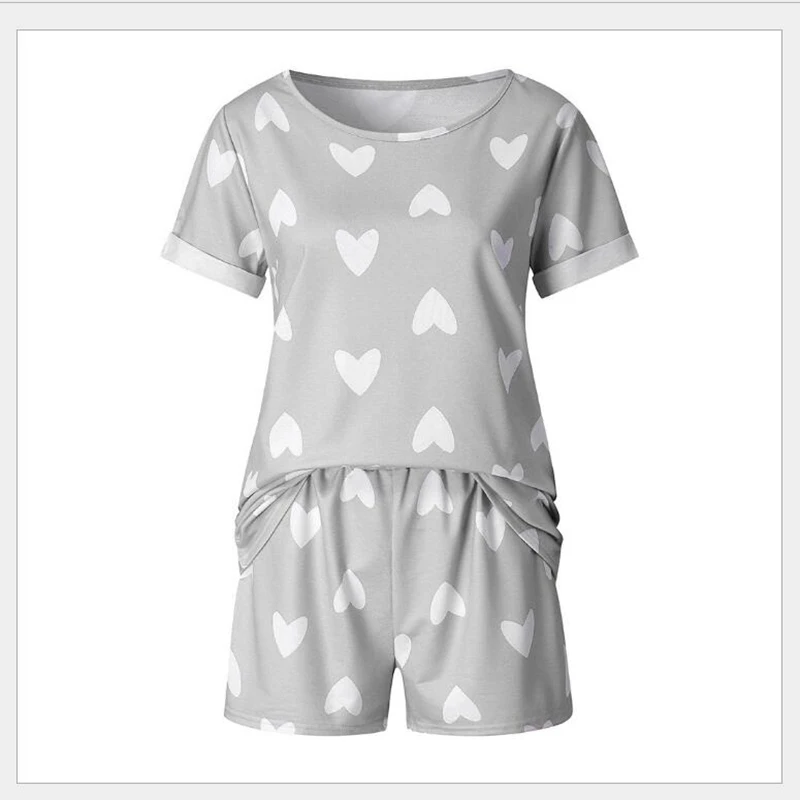 Women Pajamas Set Cute Loving Heart Printed Short Sleeve T-Shirts Tops And Shorts Set Homewear Sleepwear Outfits Loungewear Set