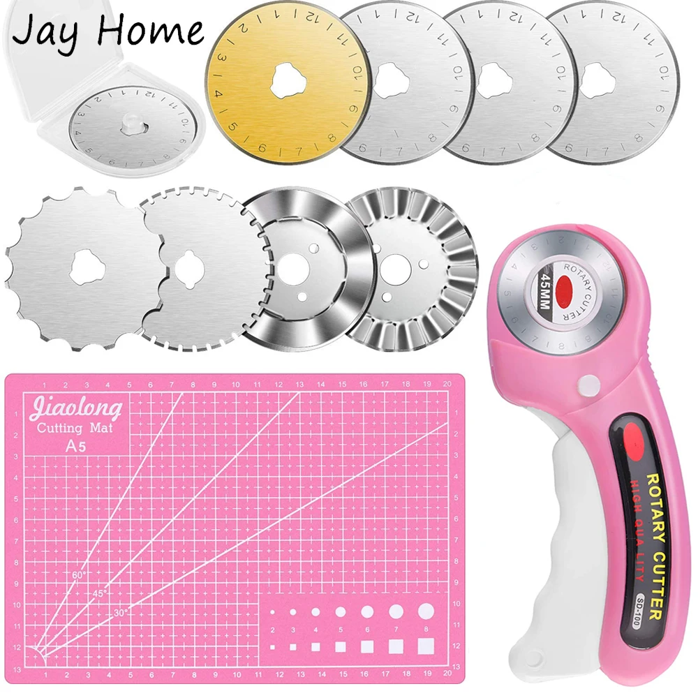 45mm Rotary Cutter Fabric Sewing Rotary Cutter with Cutting Mat and 8Pcs Replacement Rotary Cutter Blades for Sewing Crafting