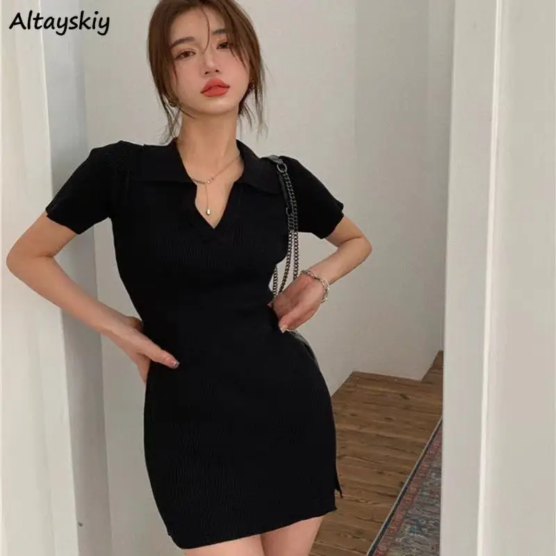 

Short Sleeve Dresses Sexy Knitted Slim Split Designers Party Club Vestidos Simple Fashion Streetwear Female Vintage Korean Ins