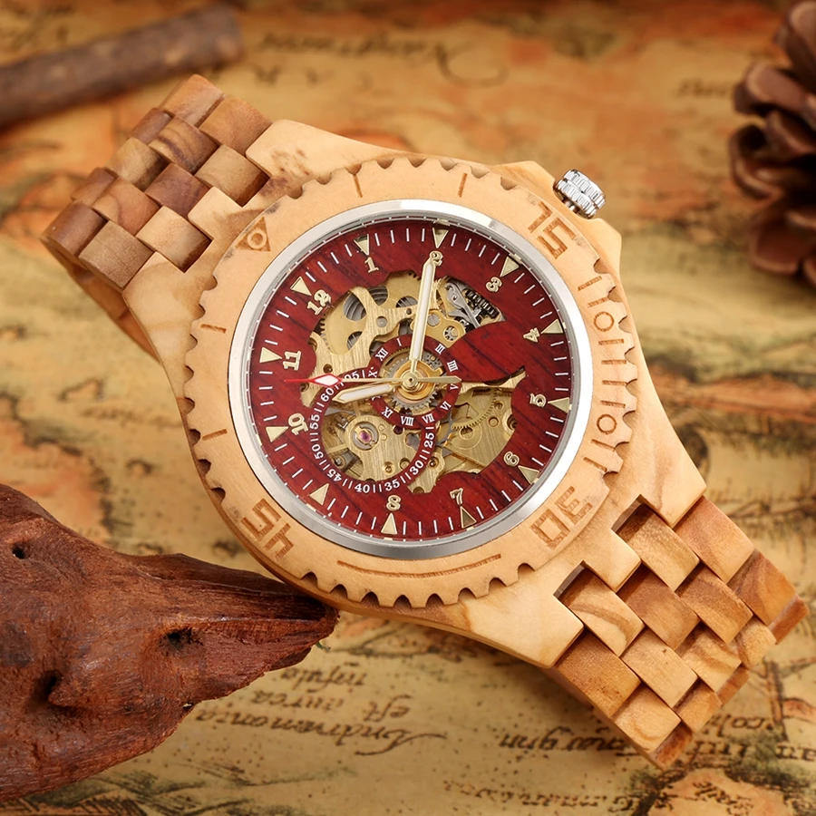 Men\'s Watch Top Luxury Mechanical Watch Automatic Red Skeleton Cherry Wood Clock Men Full Wooden Band Casual Wristwatch Retro